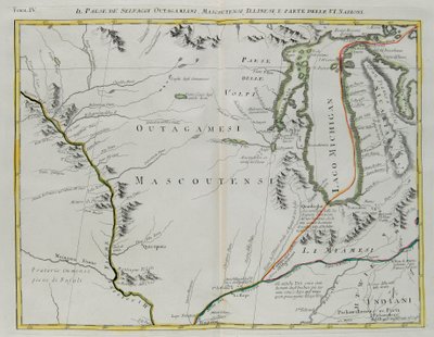 Terra de Outagamie, Mascoutin, índios Illinois e parte das Seis Nações, gravura de G. Zuliani tirada de Tomé I do "Novo Atlas" publicado em Veneza em 1778 por Antonio Zatta, Coleção Particular de G. Zuliani