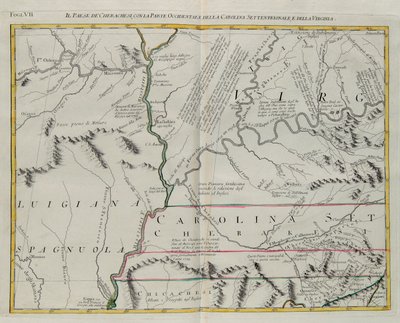 Terra dos Cherokees com a parte ocidental da Carolina do Norte e Virgínia, gravura de G. Zuliani tirada de Tome I do "Atlas Mais Recente" publicado em Veneza em 1778 por Antonio Zatta, Coleção Particular de G. Zuliani