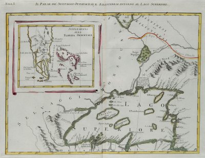 Terra dos índios Ottawa e Kilistine ao redor do Lago Superior e um suplemento da Flórida oriental, gravura de G. Zuliani tirada de Tome I do "Atlas Mais Novo" publicado em Veneza em 1778 por Antonio Zatta, Private Collection de G. Zuliani