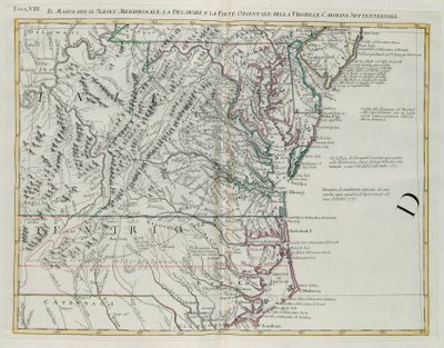 Maryland, sul de Nova Jersey, Delaware e a parte oriental da Virgínia e Carolina do Norte, gravura de G. Zuliani tirada de Tome I do "Atlas Mais Novo" publicado em Veneza em 1778 por Antonio Zatta, Private Collection de G. Zuliani