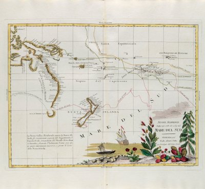 Novas descobertas feitas em 1775, 67 e 69 nos mares do Sul, gravadas por G. Zuliani tiradas de Tomé do Novo Atlas publicado em Veneza em 1776 por Antonio Zatta, Coleção Particular de G. Zuliani