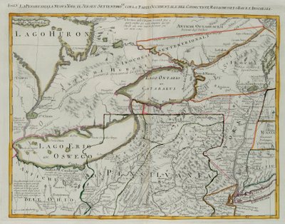Pensilvânia, Nova Iorque, sul de Nova Jersey, com a parte ocidental de Connecticut, Massachusetts Bay e Land of the Iroquois, gravura de G. Zuliani tirada de Tome I do "Newest Atlas" publicado em Veneza em 1778 por Antonio Zatta, Private Collection de G. Zuliani
