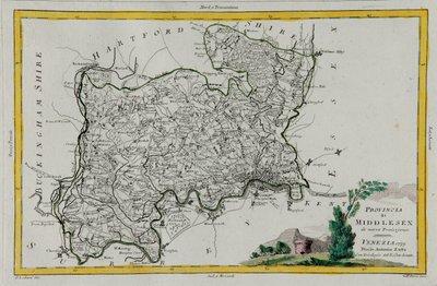 Província de Middlesex, gravura de G. Zuliani tirada de Tome I do "Atlas Mais Recente" publicado em Veneza em 1779 por Antonio Zatta, Coleção Particular de G. Zuliani
