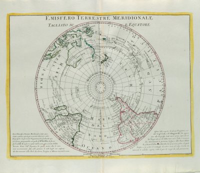 Hemisfério Sul da Terra cortada no equador, gravada por G. Zuliani tirada de Tomé I do Atlas mais Novo publicada em Veneza em 1779 por Antonio Zatta de G. Zuliani