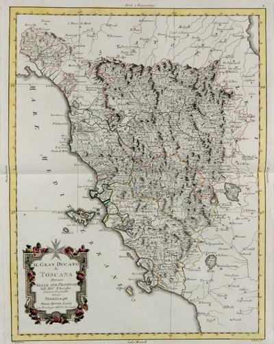 O Grão-Ducado da Toscana dividido em suas províncias, gravura de G. Zuliani tirada de Tome II do "Atlas Mais Novo" publicado em Veneza em 1783 por Antonio Zatta, Coleção Particular de G. Zuliani