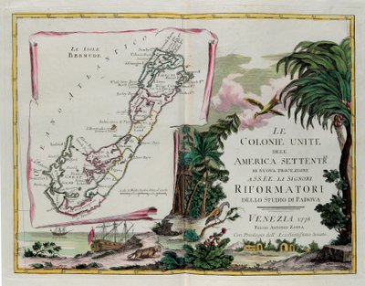 As Ilhas das Bermudas e o frontispício da secção dedicada às Colónias Unidas da América do Norte, gravura de G. Zuliani tirada de Tomé I do "Atlas mais recente" publicado em Veneza em 1778 por Antonio Zatta, Colecção Privada de G. Zuliani
