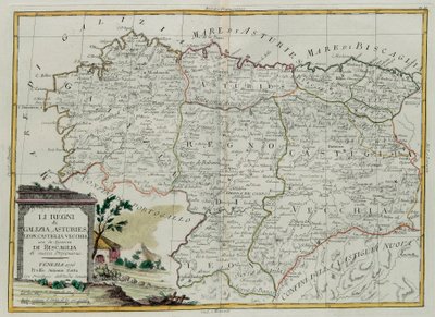 Os Reinos da Galiza, Astúrias, Leão, Castela Vieja com o Concílio de Biscallia, gravura de G. Zuliani tirada de Tomo I do Atlas mais Novo publicada em Veneza em 1776 por Antonio Zatta, Priva de G. Zuliani