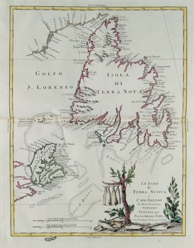 As ilhas da Terra Nova e do Cabo Bretão, gravura de G. Zuliani tirada de Tome I do "Atlas Mais Novo" publicado em Veneza em 1778 por Antonio Zatta, Coleção Particular de G. Zuliani