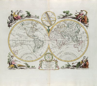 Mapa do mundo e uma descrição geral do globo, gravada por G. Zuliani tirada de Tomé do Novo Atlas publicada em Veneza em 1774 por Antonio Zatta de G. Zuliani