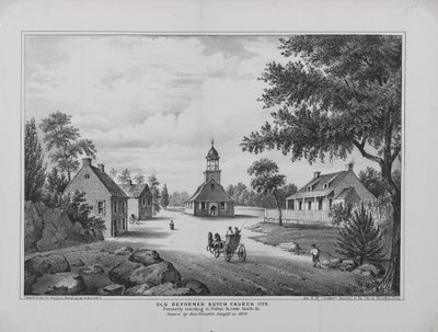 Antiga Igreja Holandesa Reformada em 1776, desenhada pela Miss Elizabeth Sleight em 1808, imprimida por H. McCloskeys Manuel da Cidade de Brooklyn, 1864 de G. after Hayward
