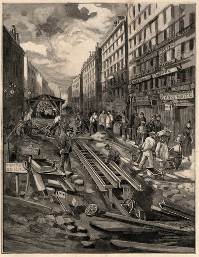 O funicular de Belleville, colocou a pista, rue de Belleville em 1894. Gravação após o desenho de M.G. de Burgrraff. Em "O Mundo Ilustrado" de 1894. de G. de Burgraff