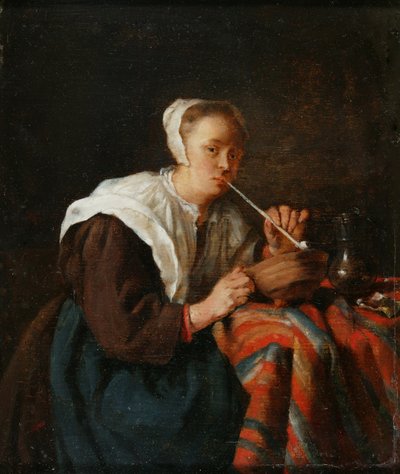 Uma mulher sentada a fumar um cachimbo (óleo sobre painel) de Gabriel (after) Metsu