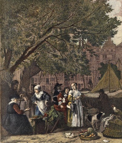 O Mercado de Ervas de Amesterdão. Gravura do século XIX após a pintura de Gabriel Metsu (1629-1667). de Gabriel (after) Metsu