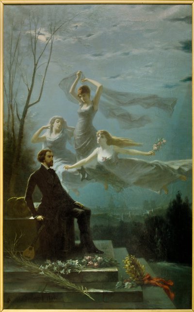 Romantismo: "As Noites de Musset" O poeta francês Alfred de Musset (1810-1857) inspira-se nas Musas para a escrita de "As Noites" Pintura de Gabriel Aimable de la Foulhouze (1825-1887). 1886 Óleo sobre tela Clermont Ferrand (Clermont-Ferrand). Roger de Gabriel Amable de Lafoulhouze
