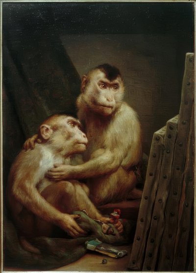 Macacos olham pinturas de Gabriel Cornelius Ritter von Max