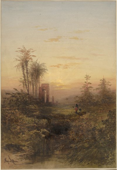 Pôr do sol em uma paisagem oriental de Gabriel Hippolyte Lebas