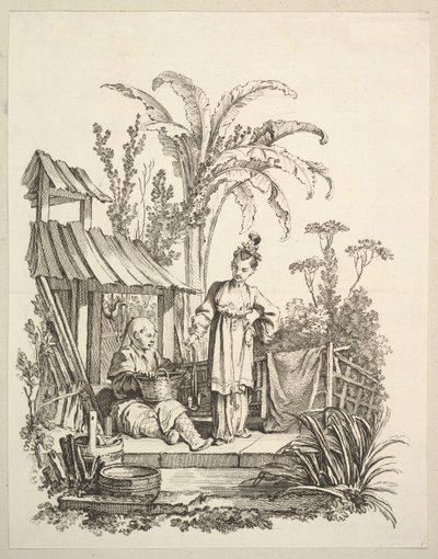 Um chinês sentado e uma mulher carregando um peixe, ca. 1742 de Gabriel Huquier