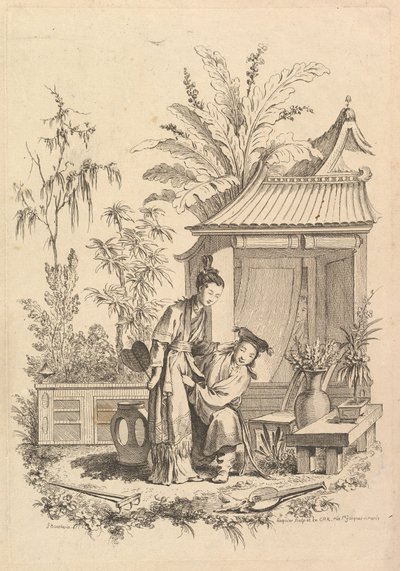 Cena de Chinoiserie com figuras em uma paisagem, século XVIII. de Gabriel Huquier