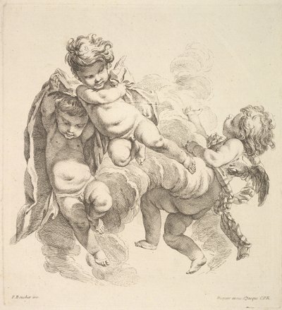 Três crianças entre nuvens carregando uma cortina, 1738-45. de Gabriel Huquier