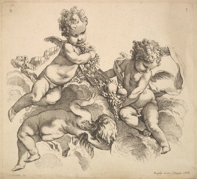 Três crianças com um prato de frutas, 1738-45. de Gabriel Huquier