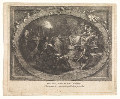 Voltaire chegou ao inferno de Gabriel Jacques de Saint Aubin (school of)