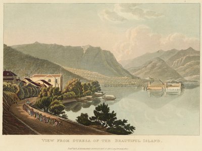 Vista de Stresa of the Beautiful Island (Isola Bella, Lago Maggiore), antes de 1820 (aguarela sobre gravura e aquatint sobre papel tecido) de Gabriel L. and Lory Mathias G.  Lory