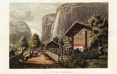 Vista da Staubbach Fall, uma cachoeira na Suíça, localizada a oeste acima de Lauterbrunnen nas Terras Altas de Berna de Gabriel Ludwig (after) Lory
