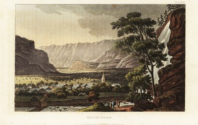 Vista da cidade de Meiringen e das cataratas de Reichenbach, Cantão de Berna, Suíça de Gabriel Ludwig (after) Lory
