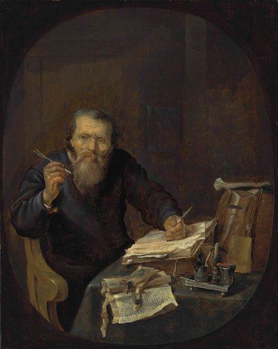 Um notário a afiar a sua caneta, num interior de Gabriel Metsu