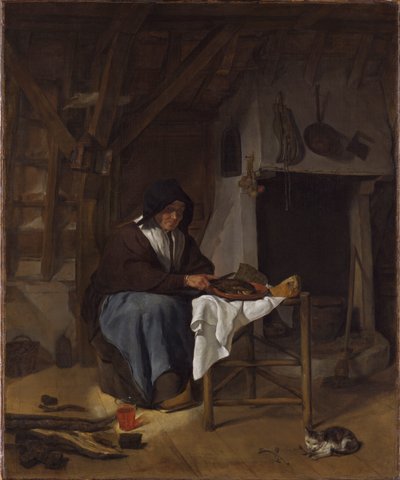 Mulher idosa a fazer as suas refeições num interior de Gabriel Metsu