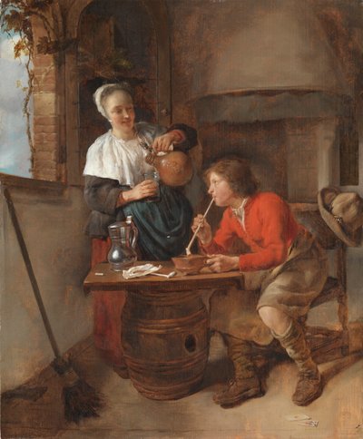 Um jovem a fumar e uma mulher a servir cerveja de Gabriel Metsu
