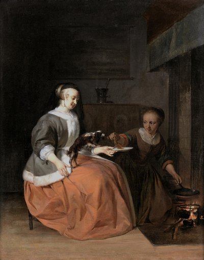 Mulher jovem e criada dão uma panqueca a um cão de Gabriel Metsu