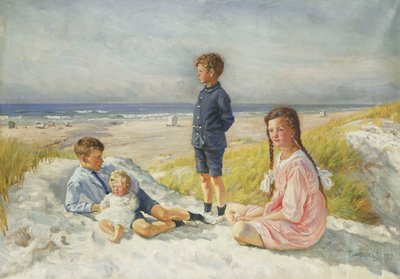Erik, Else, Ove e Birthe Schultz em uma praia de Gabriel Oluf Jensen