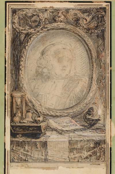 Moldura alegórica com um morcego, c.1769 (desenho a pena e tinta) de Gabriel de Saint-Aubin