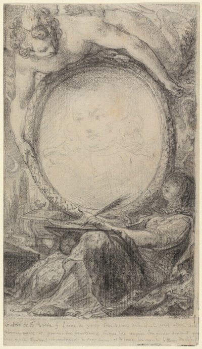 Quadro Alegórico com um Génio e uma Mulher Velada a Escrever, c.1769 (giz preto sobre papel) de Gabriel de Saint-Aubin