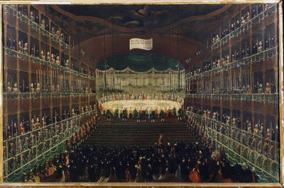 Uma refeição no Teatro San Benedetto - "Recepção em honra dos príncipes do Norte" Banquete reunindo os embaixadores. Pintura de Gabriel Bella (1730-1799) Veneza do século XVIII, Galleria Fondazione Querini Stampalia de Gabriele Bella