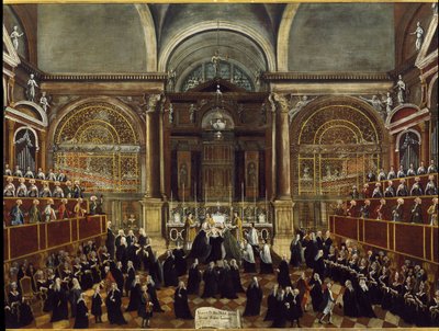 Cerimónia de levar um vestido de freira na Igreja de São Lourenço em Veneza Pintura de Detalhe de Gabriele Bella (1730-1799) 1789 Dim 94x148 cm Veneza Fondazione "Querini Stampalia" de Gabriele Bella