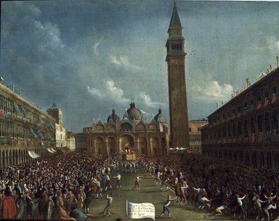 Procissão do doge e distribuição de dinheiro aos cidadãos, na Praça de São Marcos (O doge levava em procissão pela Praça de São Marcos em Veneza distribuindo dinheiro aos cidadãos). - Pintura de Gabriele Bella (ca. 1730-1799). Veneza, Fundação Querini Stam de Gabriele Bella