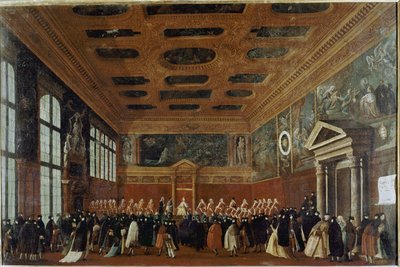Recepção de Embaixadores no Colégio (Veneza, recepção de um embaixador no Colégio) - Pintura de Gabriele Bella (ca. 1730-1799), óleo sobre tela, 99x150 cm. Veneza, Fundação Querini Stampalia de Gabriele Bella