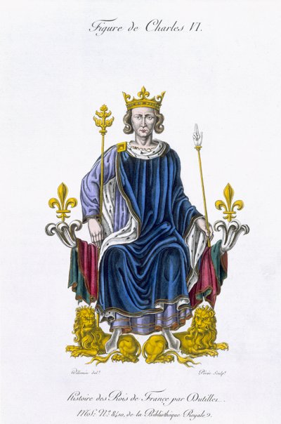Figura de Carlos VI, gravado por Amedee Peree, de "História dos Reis da França" (cor lito) de Gabrielle Willemin