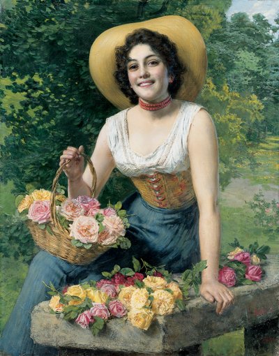 Uma beleza segurando uma cesta de rosas de Gaetano Bellei