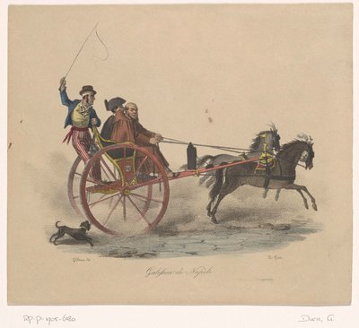 Três homens em uma carruagem Galessino di Napoli (título no objeto) de Gaetano Dura