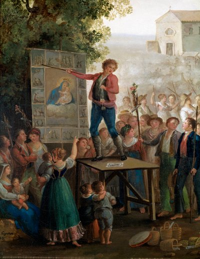 Um artista de rua cantando os milagres da Virgem na festa da Madonna dell