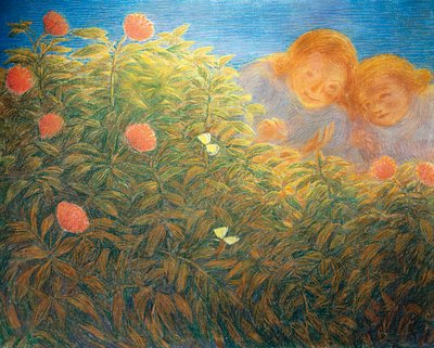 Flores e borboletas, de Gaetano Previati (1852-1920), óleo sobre tela de Gaetano Previati