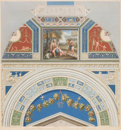 Moldura e campo abobadado com Adão e Eva no trabalho. 1774 de Gaetano Savorelli