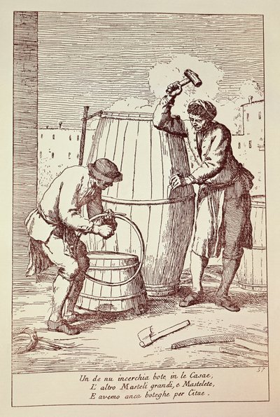 Coopers no trabalho, gravura de Gaetano Gherardo Zompini (1700-1778) de As artes da vida cotidiana na cidade de Veneza, Itália de Gaetano Zompini