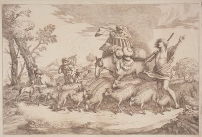 Uma viagem pastoral com uma criança em um cesto a cavalo de Gaetano Zompini, after Giovanni Benedetto Castiglione