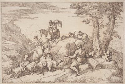 Uma viagem pastoral com mãe e filho a cavalo e um pastor idoso sentado de Gaetano Zompini, after Giovanni Benedetto Castiglione