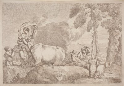 Uma mulher com dois filhos a cavalo de Gaetano Zompini, after Giovanni Benedetto Castiglione
