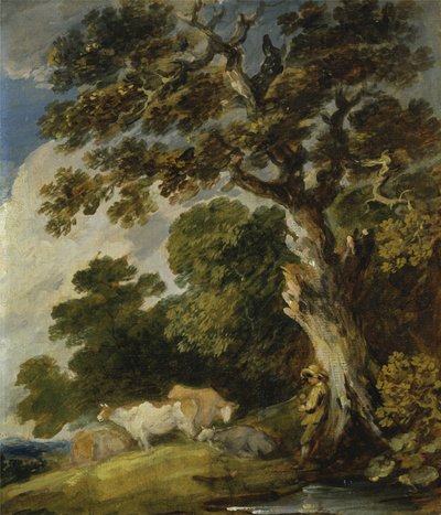 Uma paisagem arborizada com gado e pastores (óleo sobre papel sobre tela) de Gainsborough Dupont